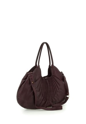 Borsa a mano in pelle viola scuro con due manici, pieghe dettagliate sul davanti e tracolla regolabile con ferrature in tono oro.