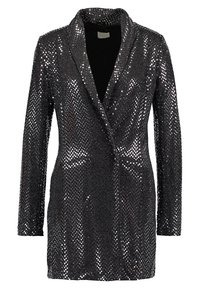 Black sequined blazer with long sleeves, notched collar, front pockets, and a sleek, fitted shape. Shiny surface with a textured appearance.