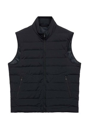 Black padded vest with high collar, front zipper, and two zippered side pockets. Features a quilted design and smooth inner lining.