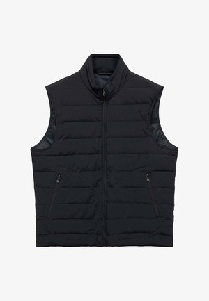 Black padded vest with high collar, front zipper, and two zippered side pockets. Features a quilted design and smooth inner lining.