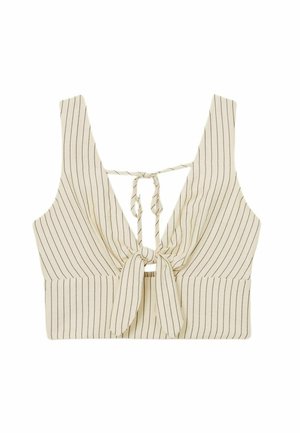 Beežikas lühike top, õhukeste vertikaalsete mustade triipudega, sügava V-kaelusega, ees sõlmitav pael ja taga pahemaks kinnitatav pael.