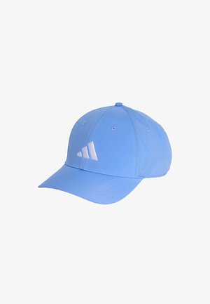 Gorra de béisbol azul hecha de tela con visera curva. Presenta un logotipo bordado en blanco y cuatro ojales de ventilación en la parte superior.