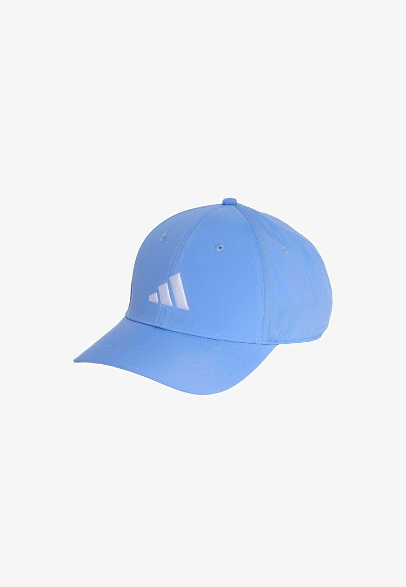 Blue baseball cap made of fabric with a curved brim. Features a white embroidered logo and four ventilation eyelets on the crown.