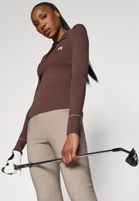 Brūna ribota garenrokas polo krekls ar apkakli, kurā ir logo un kontrastējošs šuvums. Beigā attēlotas pieguļoša stila bikses un golfu nesoša roka ar cimdu.