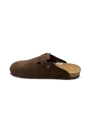 Brown suede clog with a rounded toe, side cutouts, and a decorative button detail. Cork footbed provides added comfort.