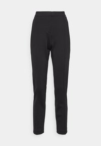 Černé kalhoty na míru, vyrobené z hladké tkaniny. Mají střední pás, úzký střih a čistý přední design bez kapes.