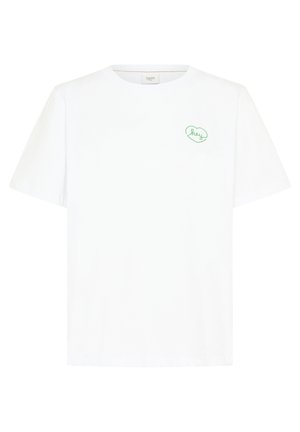 Biała bawełniana koszulka t-shirt z okrągłym dekoltem. Posiada małe, zielone haftowane "hey" w kształcie serca po lewej stronie klatki piersiowej. Krótkie rękawy.