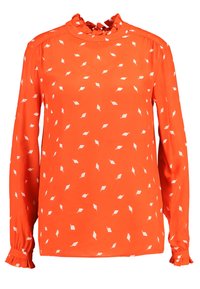 Rode blouse met lange mouwen, een gerimpelde kraag en witte bladdessins. Gemaakt van lichtgewicht stof; heeft gathered cuffs en een gladde textuur.