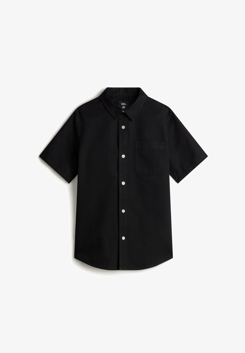 Camicia nera a maniche corte in cotone con colletto botton-down, dotata di tasca sul petto e bottoni bianchi sulla parte frontale.