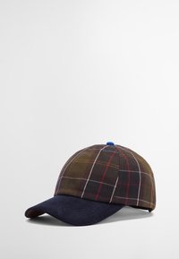 Κασκόλ μπέιζμπολ με καφέ καρό σχέδιο, με χαντζάρι σε ναυτικό χρώμα και μπλε κουμπί στο επάνω μέρος. Πολύχρωμες λεπτομέρειες ενισχύουν το σχέδιο.