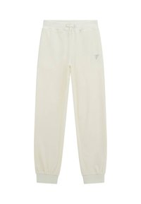 Pantaloni jogger color crema realizzati in tessuto morbido, con vita elastica e coulisse, orli a sbuffo e dettaglio del logo sul lato.