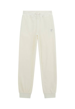 Pantaloni jogger color crema realizzati in tessuto morbido, con vita elastica e coulisse, orli a sbuffo e dettaglio del logo sul lato.