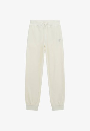 Pantaloni jogger color crema realizzati in tessuto morbido, con vita elastica e coulisse, orli a sbuffo e dettaglio del logo sul lato.