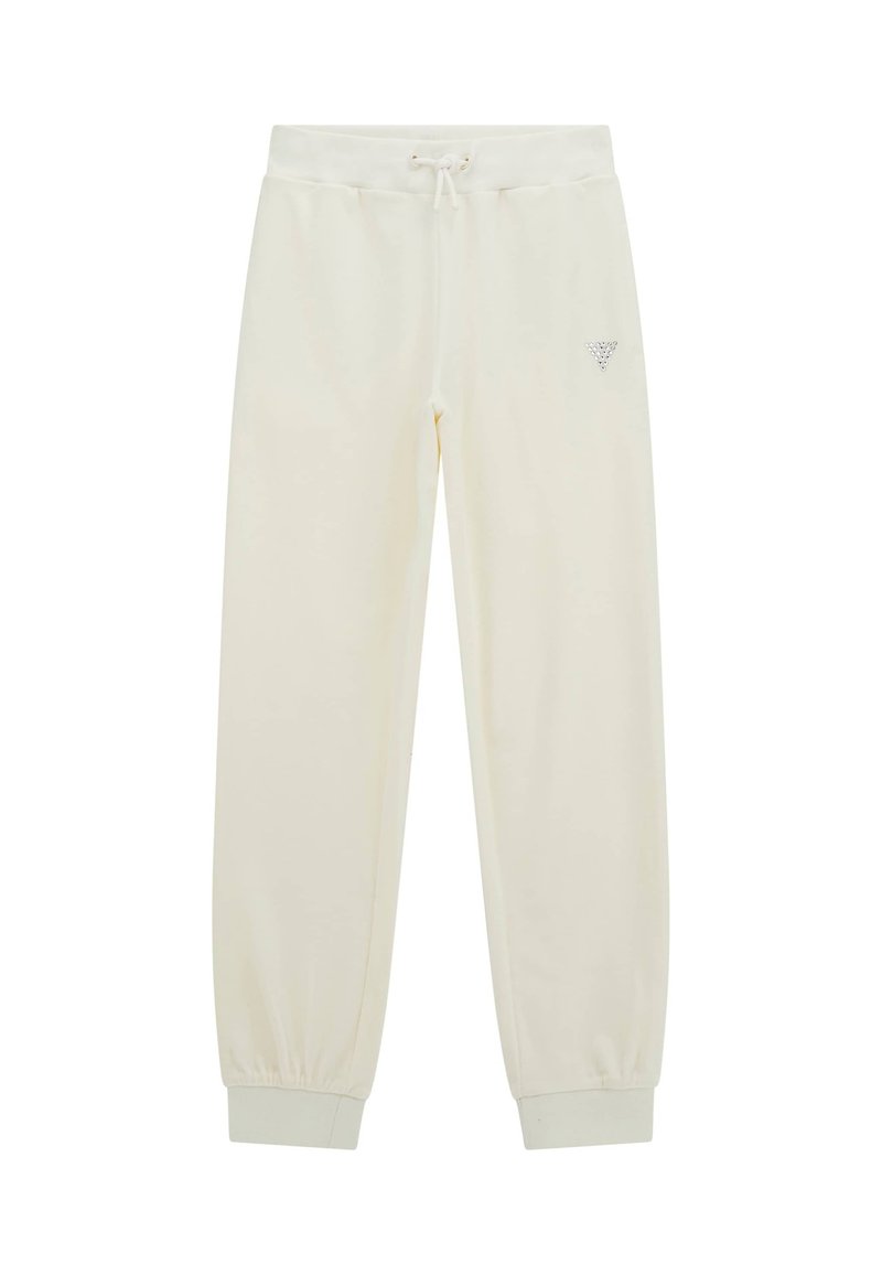 Pantaloni jogger color crema realizzati in tessuto morbido, con vita elastica e coulisse, orli a sbuffo e dettaglio del logo sul lato.