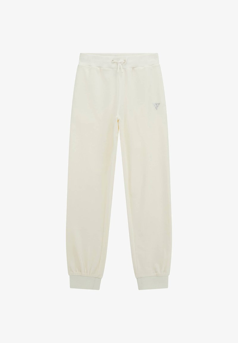 Pantaloni jogger color crema realizzati in tessuto morbido, con vita elastica e coulisse, orli a sbuffo e dettaglio del logo sul lato.