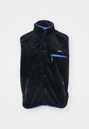 Black fleece vest with high collar, blue trim, front zip pocket, textured pattern, snap buttons, and sleeveless design.