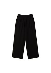 Pantalon noir à jambes larges avec taille élastique et coupe ample, présenté sur fond blanc.