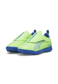 Green athletic shoes with a smooth upper, blue accents, and a textured sole. Slip-on design with no laces and simple linear patterns.