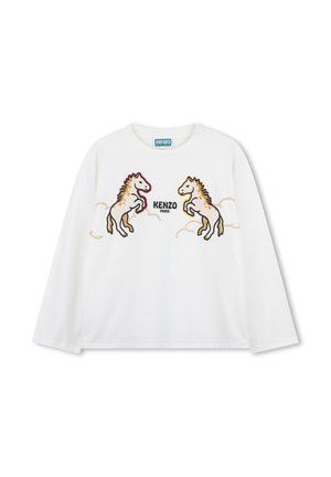 Camiseta blanca de manga larga con dos caballos ilustrados que se miran uno a otro sobre el texto "KENZO PARIS" en el centro frontal.