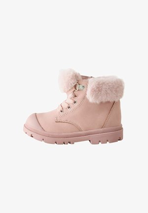 Bota de invierno para niños en color rosa, con cuello de pelo, cordones en la parte delantera y suela de goma para uso al aire libre.