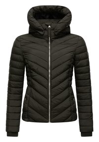 Černá péřová bunda s šikmým prošíváním, s plným zipem a stojáčkem na kapuci. Obsahuje pružné manžety a boční kapsy.