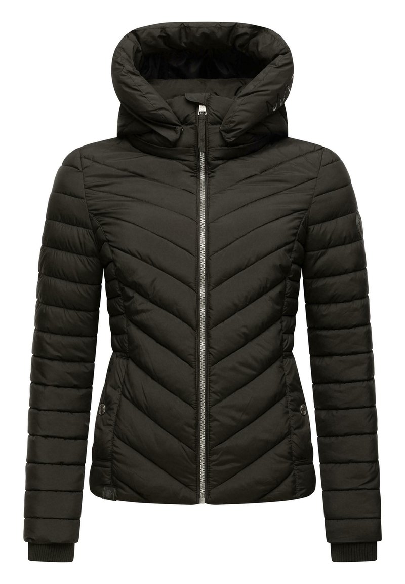 Černá péřová bunda s šikmým prošíváním, s plným zipem a stojáčkem na kapuci. Obsahuje pružné manžety a boční kapsy.