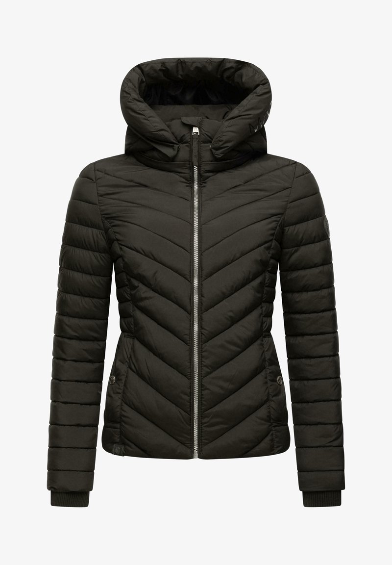 Černá péřová bunda s šikmým prošíváním, s plným zipem a stojáčkem na kapuci. Obsahuje pružné manžety a boční kapsy.