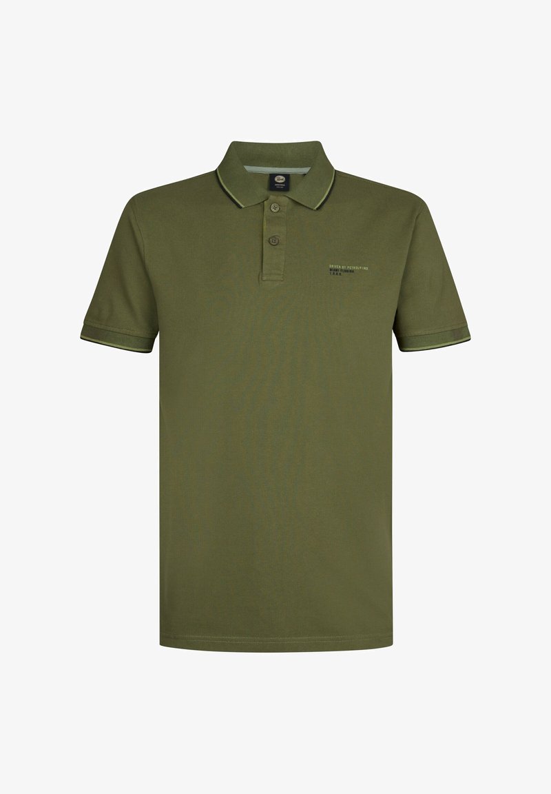 Olívazöld pamut polo ing, klasszikus gallérral, két gombos felső résszel, rövid ujjal és kontrasztos díszítéssel a galléron és az ujjakon.