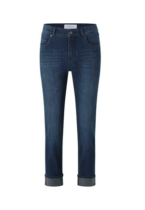 Mørkeblå denimjeans med lige ben, der har opkrøllede manchetter og det traditionelle fem-lomme-design. Knaplukning i taljen.