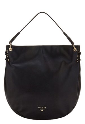 Sort læder Guess Luxe håndtaske med et enkelt top-håndtag og guldfarvede øjendetaljer på siderne.