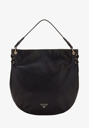 Sac à main en cuir noir Guess Luxe avec une poignée supérieure unique et des détails œillets dorés sur les côtés.