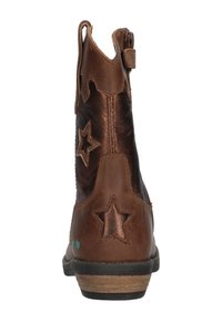Bruine leren enkellaarzen met een gevarieerde afwerking, steraccenten in een contrasterende kleur, en een ritssluiting aan de zijkant. Platte hak.