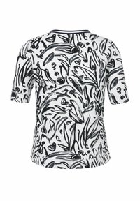 Korte mouw top van witte stof met zwart abstract bloemenpatroon. Heeft een ronde halslijn en ribbeltrim langs de kraag.