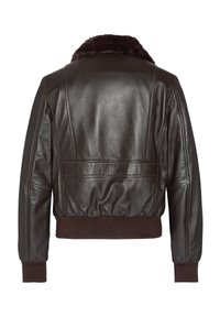 Braune Lederjacke mit einem Fellkragen, taillierter Schnitt, gerippten Bündchen und Saum, mit einer glatten Textur und subtilen Nähten.