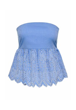 Olkaimeton sininen toppi, jossa kirjailtu pitsikoristelu ja aaltoileva helma, jossa monimutkaiset kukka- ja paisley-kuviot.