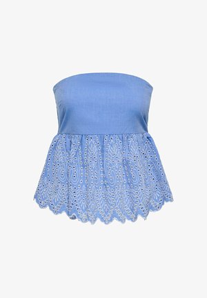 Niebieska bluzka bez ramiączek z haftowanymi koronkowymi oczkami i falowanym brzegiem, z misternymi motywami kwiatowymi i paisley.