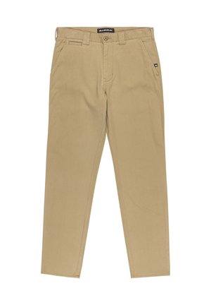 Beige Chinos mit geradem Schnitt, aus Baumwollstoff gefertigt. Verfügt über Gürtelschlaufen, einen einzelnen Knopfverschluss und Seitentaschen.