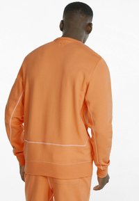 Felpa arancione con maniche lunghe, polsini e orlo a costine. Presenta cuciture bianche a contrasto lungo le cuciture. Tessuto dal morbido tocco.