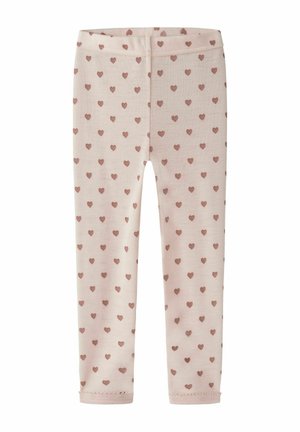 Lyserøde baby leggings med små mørkrosa hjerte-mønstre over det hele, elastisk talje og ankellange ben.