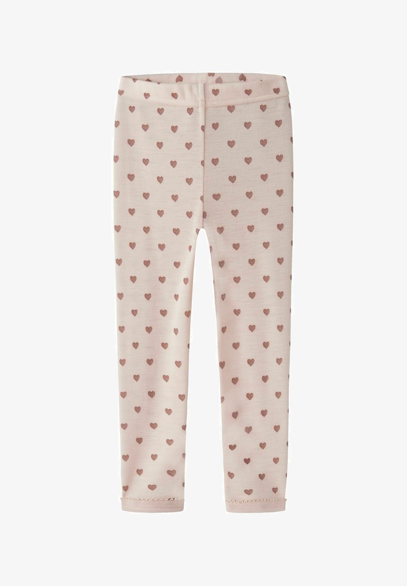 Leggings bébé rose clair avec petits motifs cœurs rose foncé sur toute la surface, taille élastique et jambes longueur cheville.