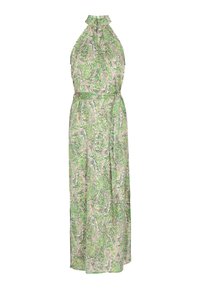 Rochie halter cu model paisley verde, cu gât strâns, lungime mare și o curea asortată în talie. Textură fină, cu culori vibrante.