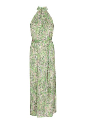 Roheline paisley-mustriga halterkleit koos kokku tõmmatava kaelusega, pikkus ulatub maani ja sellel on sobiv vöö taljes. Sile tekstuur ja erksad värvid.
