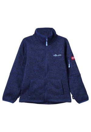 Navy blue fleece jacket with zip closure, high collar, two front pockets, and logo on the chest, featuring a small Norwegian flag patch.