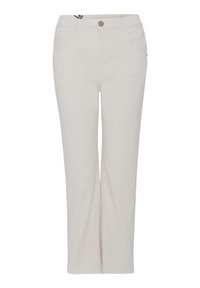 Beige, straight-leg pants made of cotton blend fabric. Features two front pockets and a metal button closure at the waist.