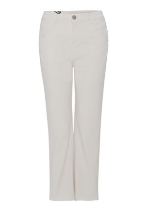 Pantaloni beige a gamba dritta realizzati in tessuto misto cotone. Presentano due tasche frontali e una chiusura con bottone in metallo in vita.