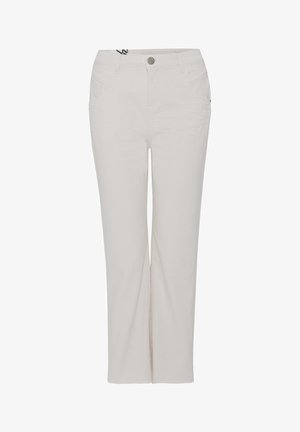 Pantaloni beige a gamba dritta realizzati in tessuto misto cotone. Presentano due tasche frontali e una chiusura con bottone in metallo in vita.