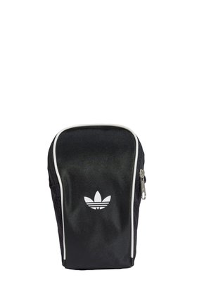 Czarny pokrowiec Adidas z białym logo trefoil na środku z przodu i białym lamówką wzdłuż krawędzi, zamek po prawej stronie oraz siateczkowymi panelami bocznymi.