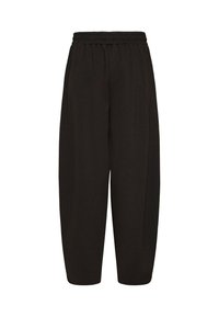 Pantalon noir à jambes larges avec une taille élastique, confectionné dans un tissu doux et lisse, avec une coupe décontractée et sans motifs ni accents visibles.
