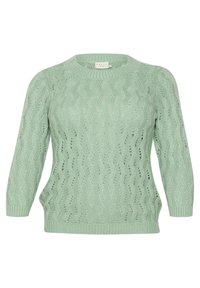 Pull vert clair en tricot avec un col rond, des manches trois-quarts et un motif ondulé texturé. Présente un ourlet côtelé.