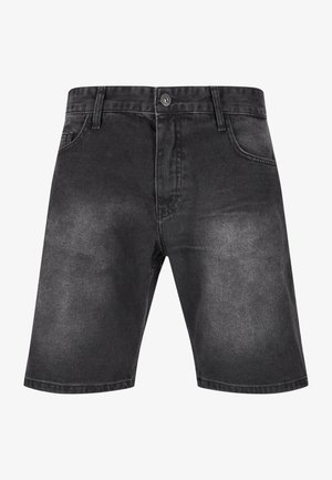 Sorte denimshorts med en falmet finish, fem lommers design, knappestang og beltehemper. Glatt tekstur og knelengt.
